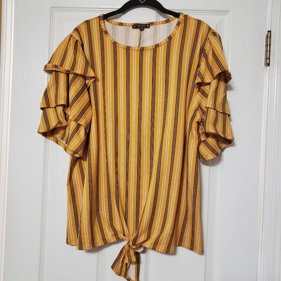 Try This Tops - Try This 3X Blouse mustard yellow stripes